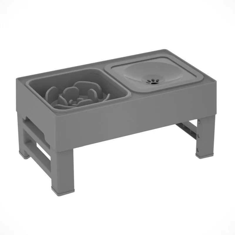 Adjustable height raised dog feeding station with black slow feeder bowl and foldable legs