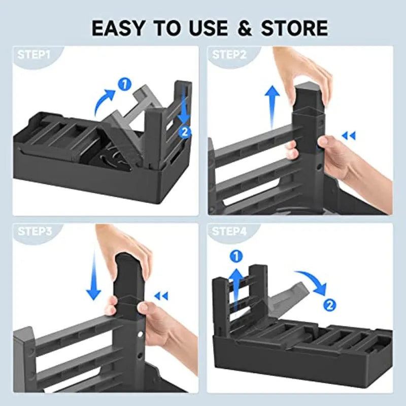 Adjustable height raised dog feeding station with black slow feeder bowl and foldable legs