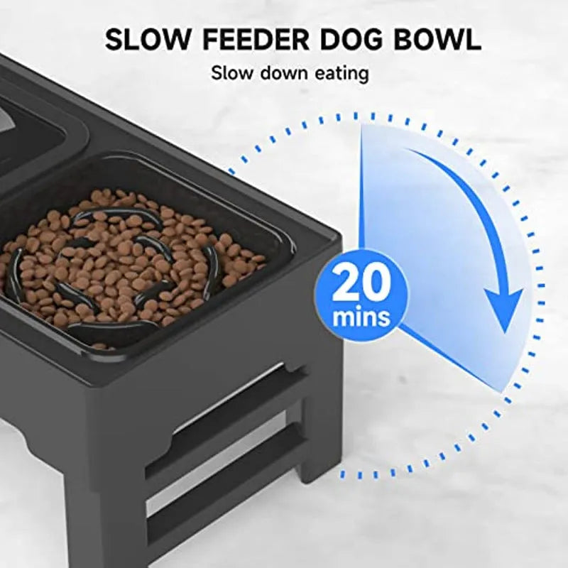Adjustable height raised dog feeding station with black slow feeder bowl and foldable legs