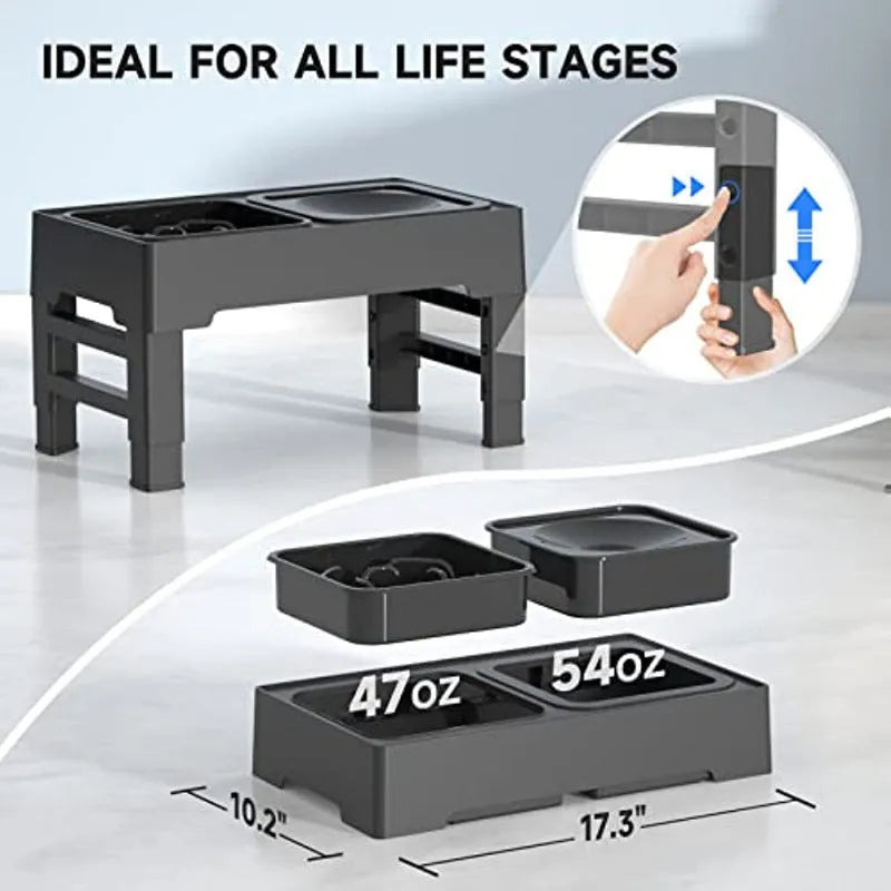 Adjustable height raised dog feeding station with black slow feeder bowl and foldable legs