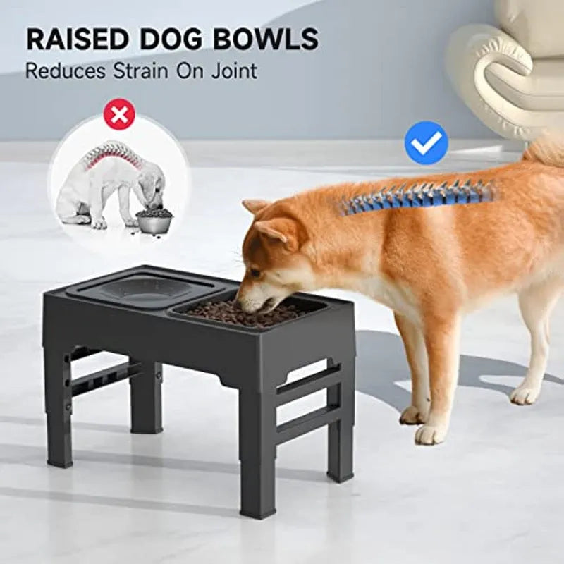 Adjustable height raised dog feeding station with black slow feeder bowl and foldable legs