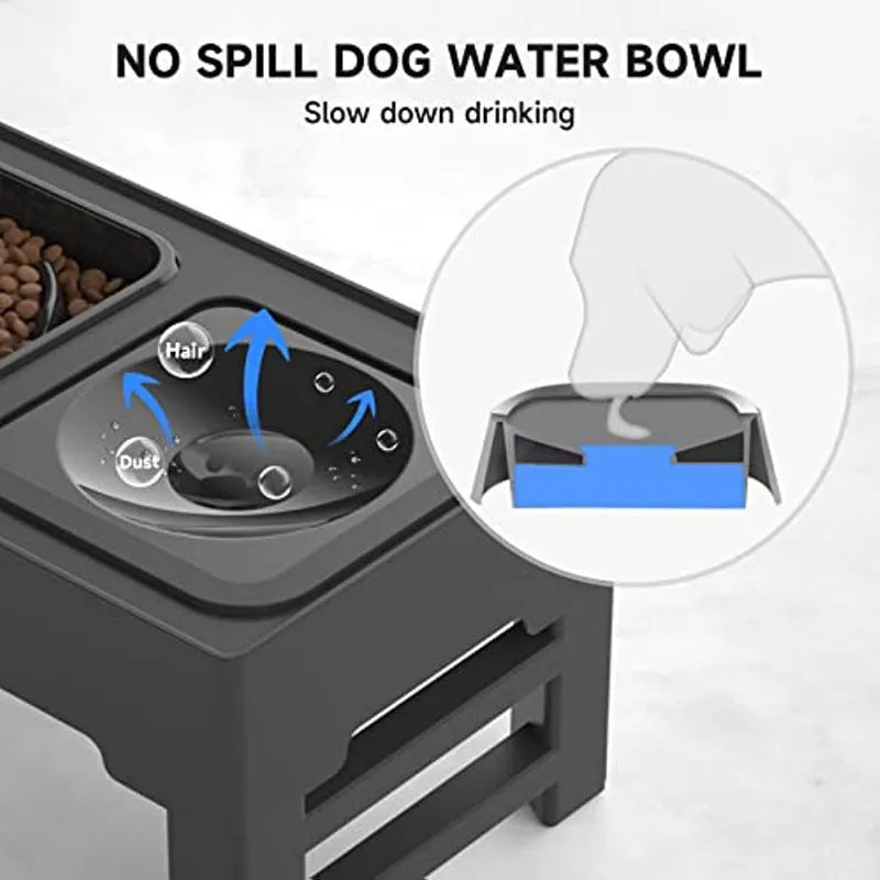 Adjustable height raised dog feeding station with black slow feeder bowl and foldable legs