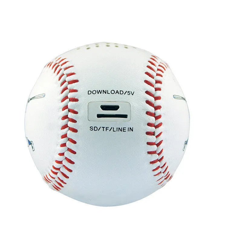 Baseball-shaped Bluetooth speaker in green, orange, or white colours with USB charging port