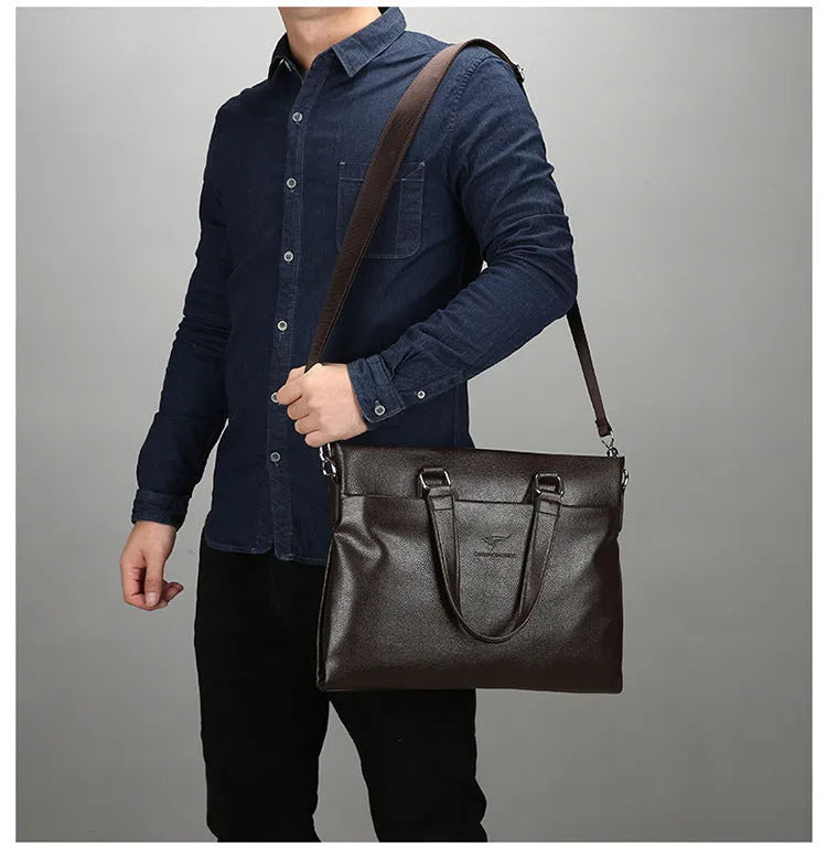 Men's business briefcase large horizontal square synthetic leather black zip closure 12-inch laptop bag
