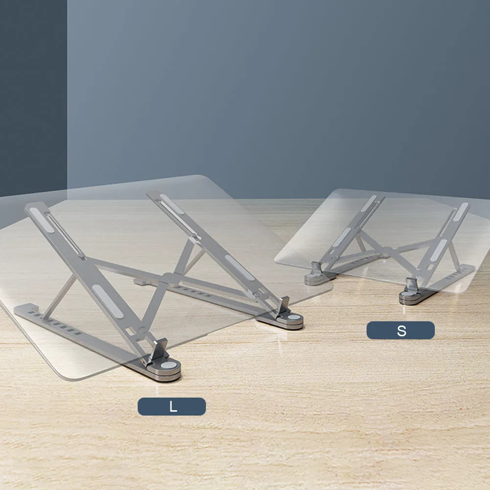 Foldable aluminium laptop stand in silver, shown supporting a laptop at an angle.