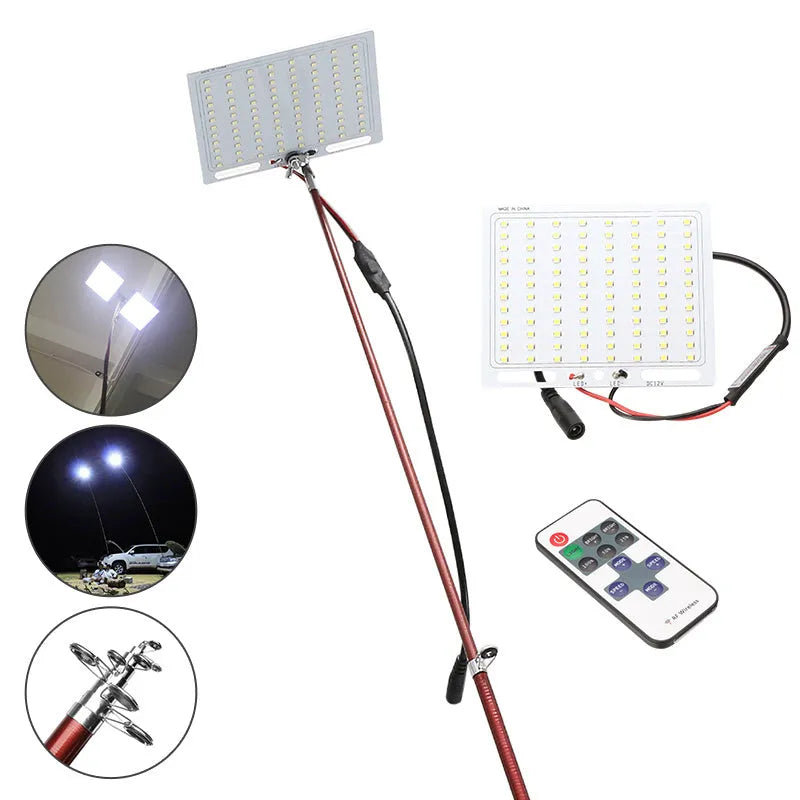 White LED fishing rod light unit mounted on a tall telescopic pole with a remote control