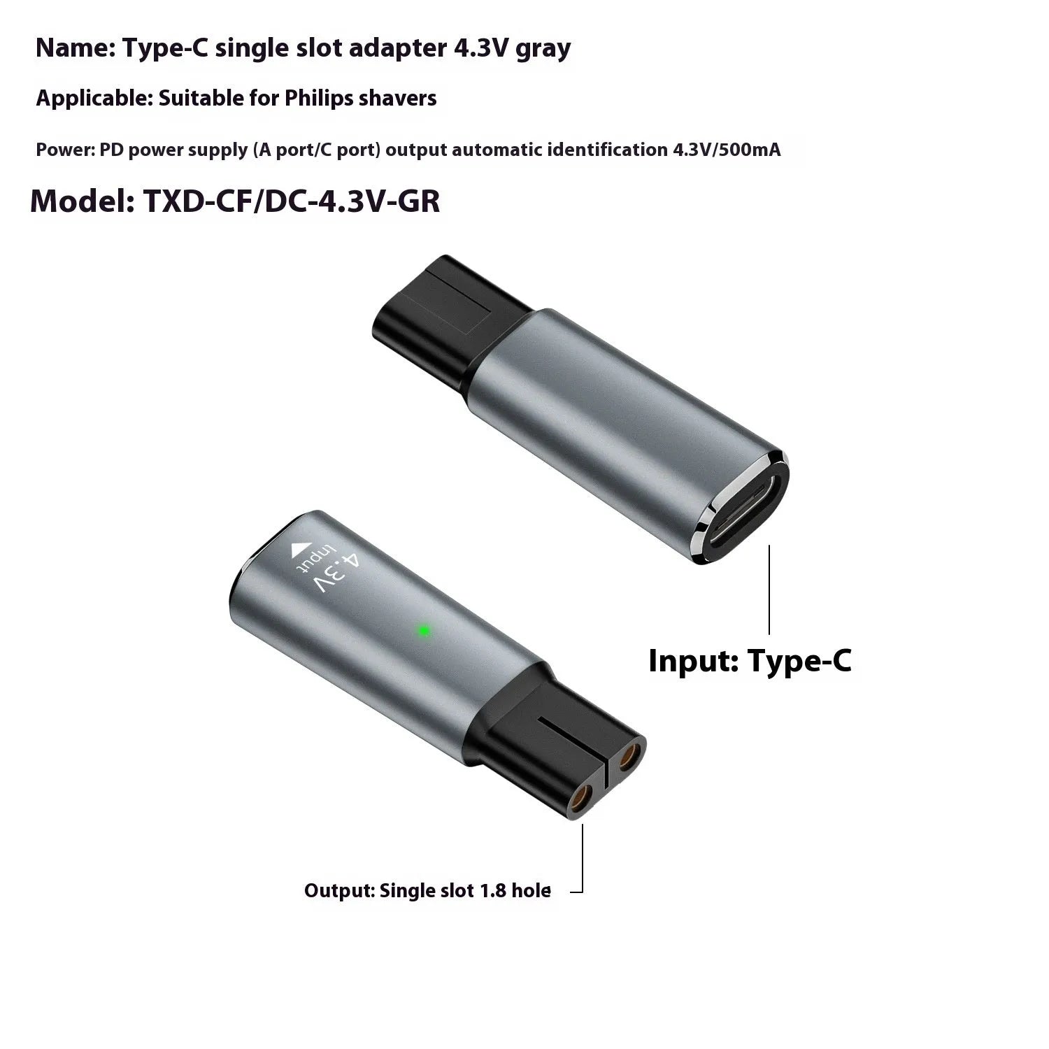 Black USB-C charging adapter for electric shaver with aluminium alloy case.