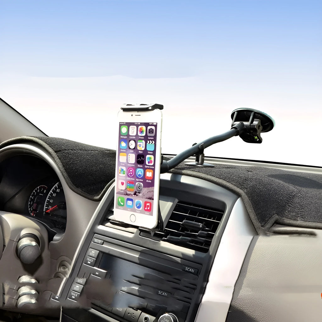 Black vehicle-mounted tablet holder with long-rod suction cup for 4-12 inch devices on a car dashboard.