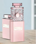 Pink portable rechargeable perfume fan with essential oil diffuser and USB charging port.