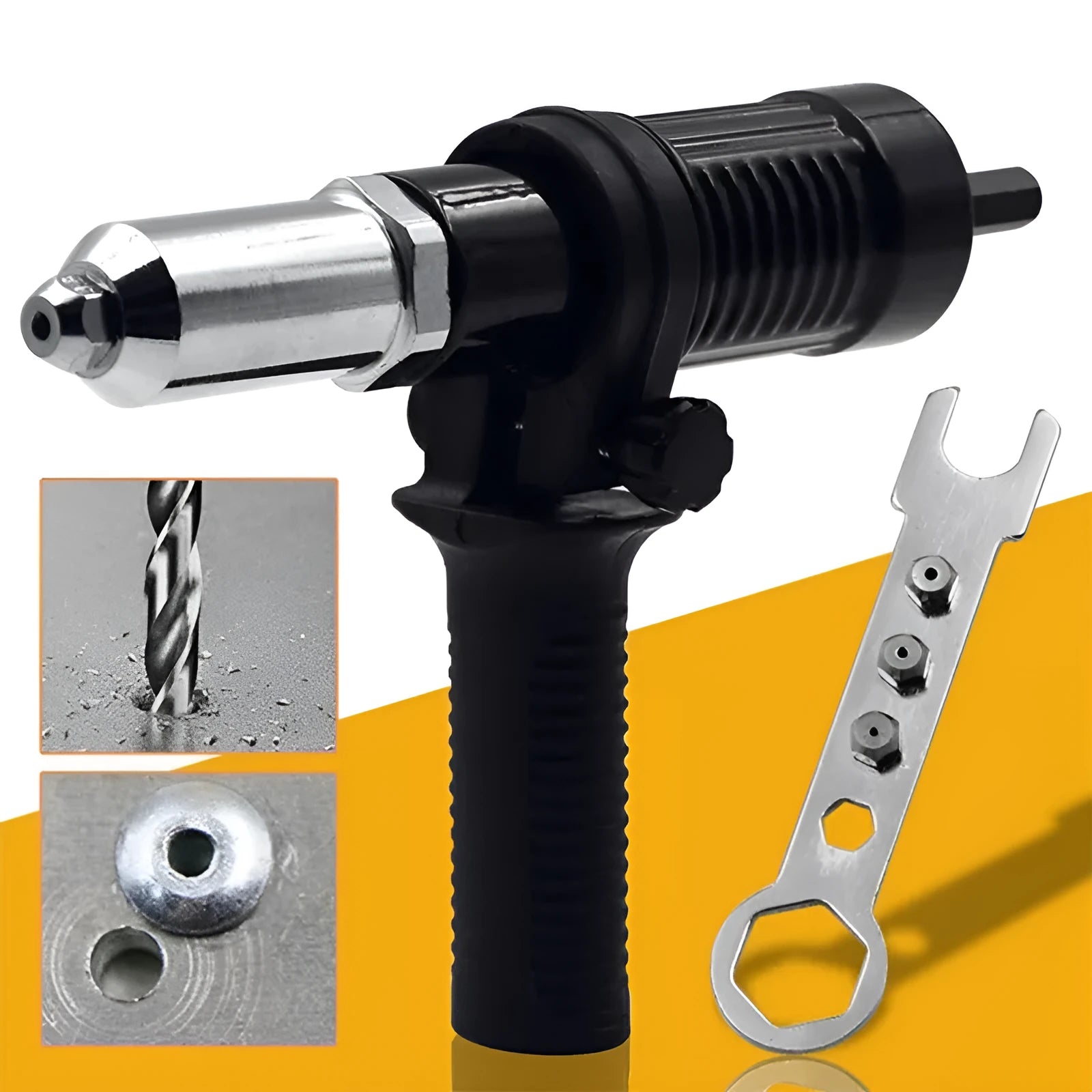 Black metal electric drill rivet gun with wrench and rivet heads on a workbench.
