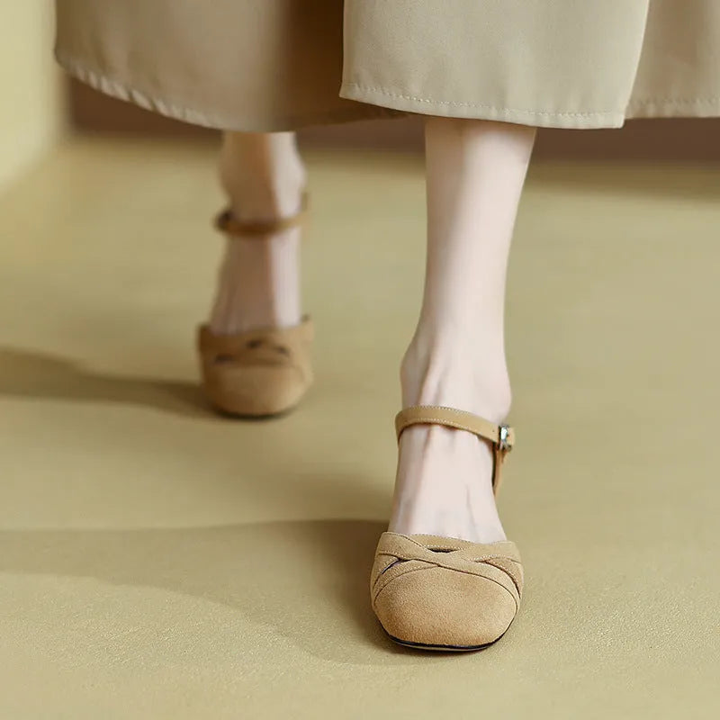 Apricot and green classic French retro Roman sandals with buckle fastening and round toe.