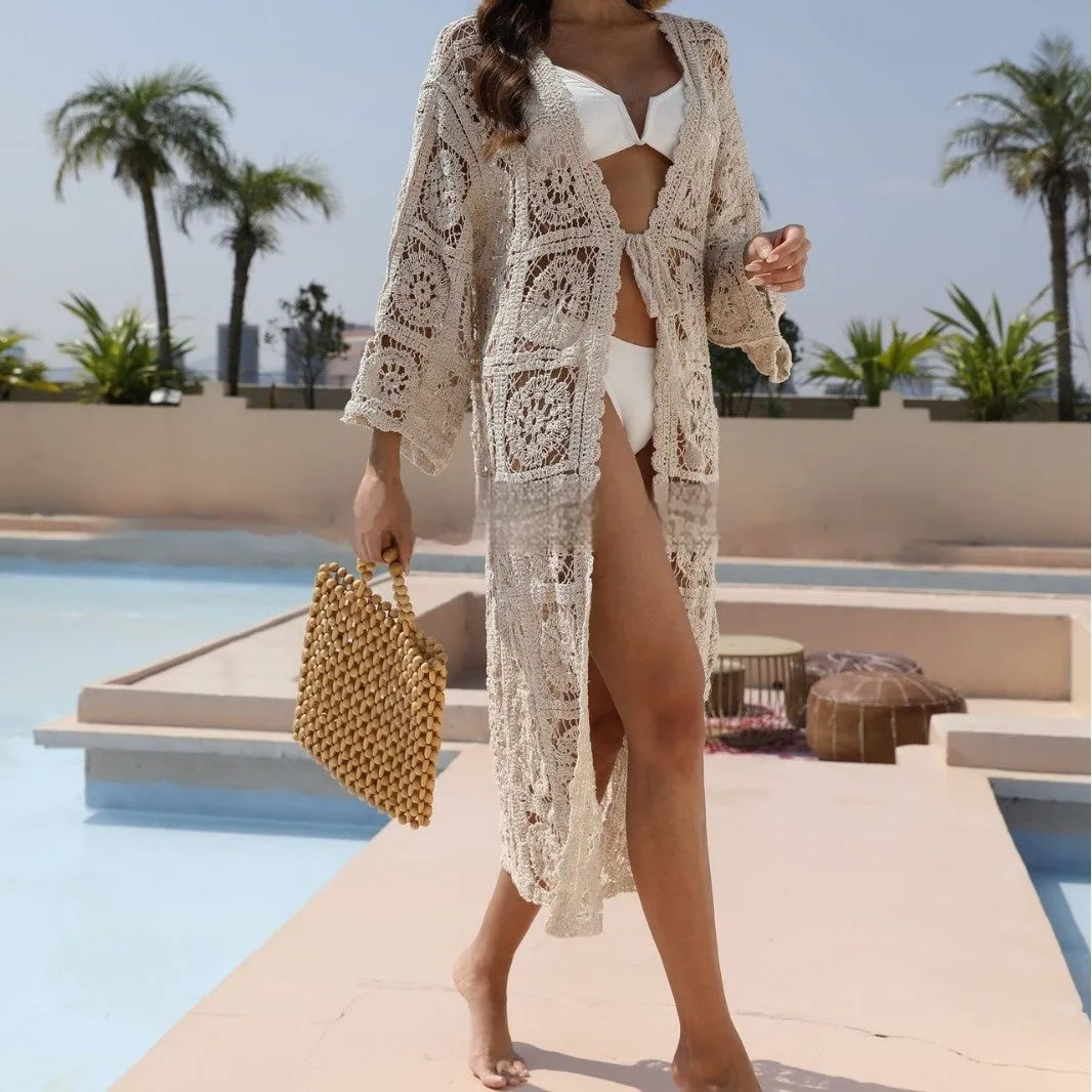 Apricot cotton long sleeve beach sun protection shirt with embroidery