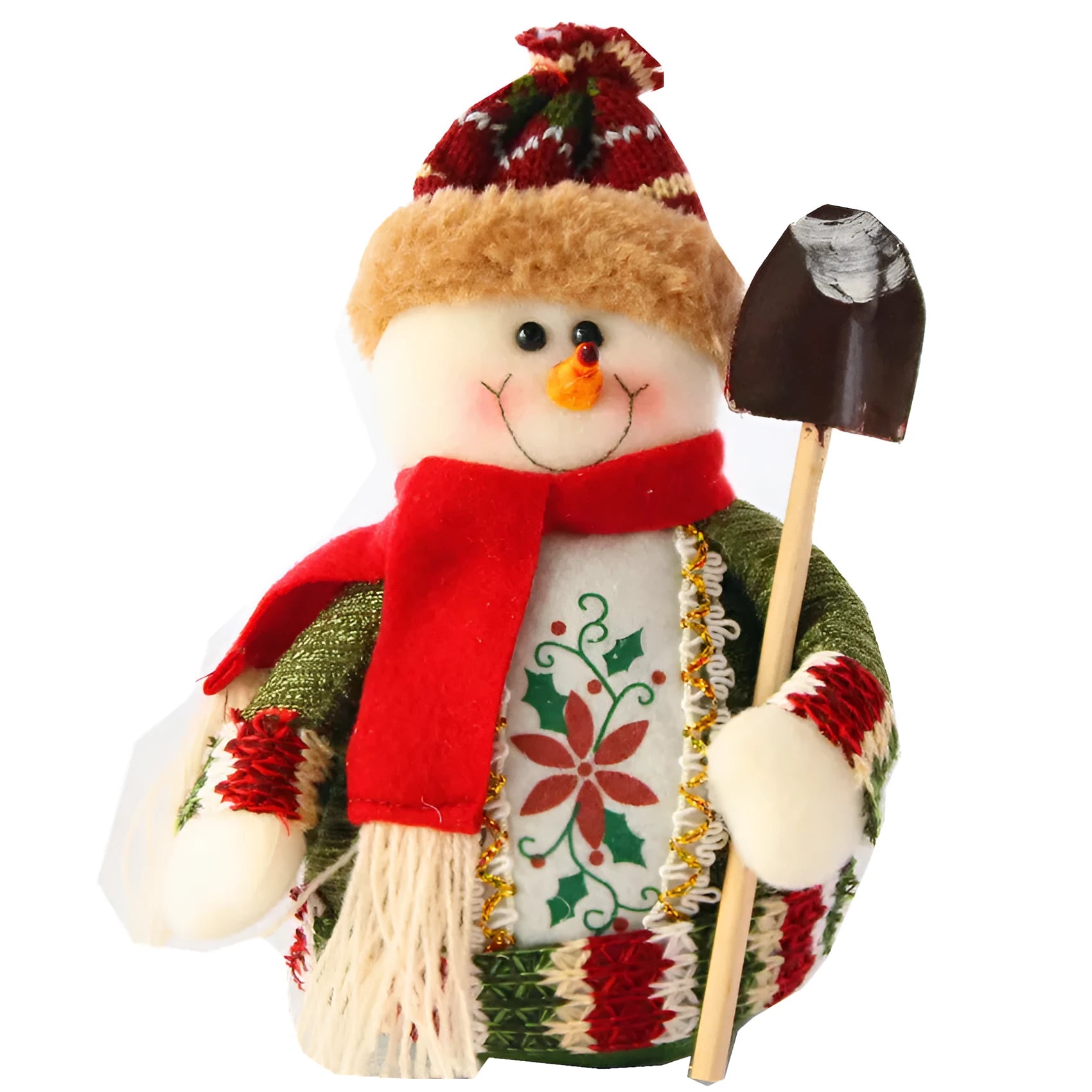 Flannel Christmas snowman decoration in red, green, and white colours measuring 18 by 13 centimetres