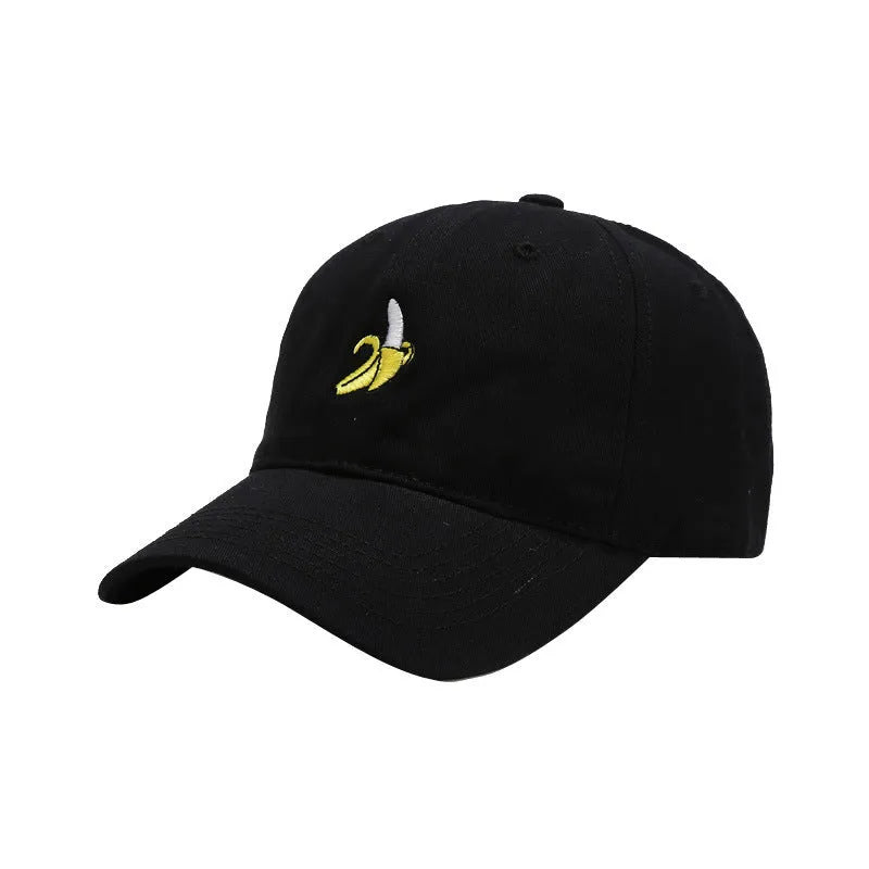 Adjustable baseball cap with cute banana embroidery in seven colour options on soft polyester fabric