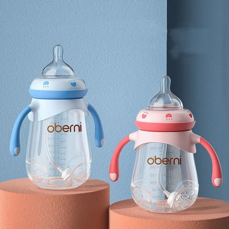 Wide caliber baby bottle with handle in gourd shape, available in blue, green, and red colours