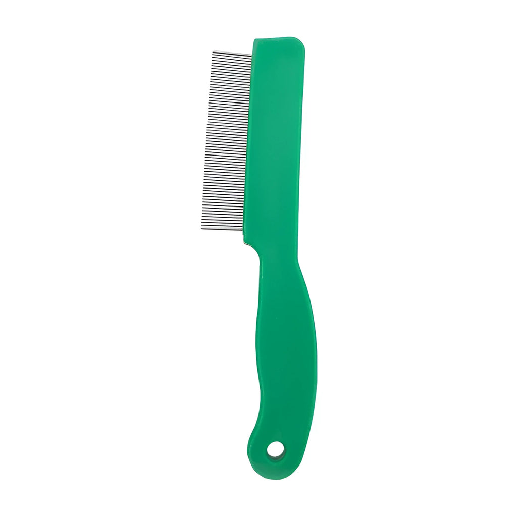 Green plastic-handled flea comb with stainless steel pins for dogs and cats.