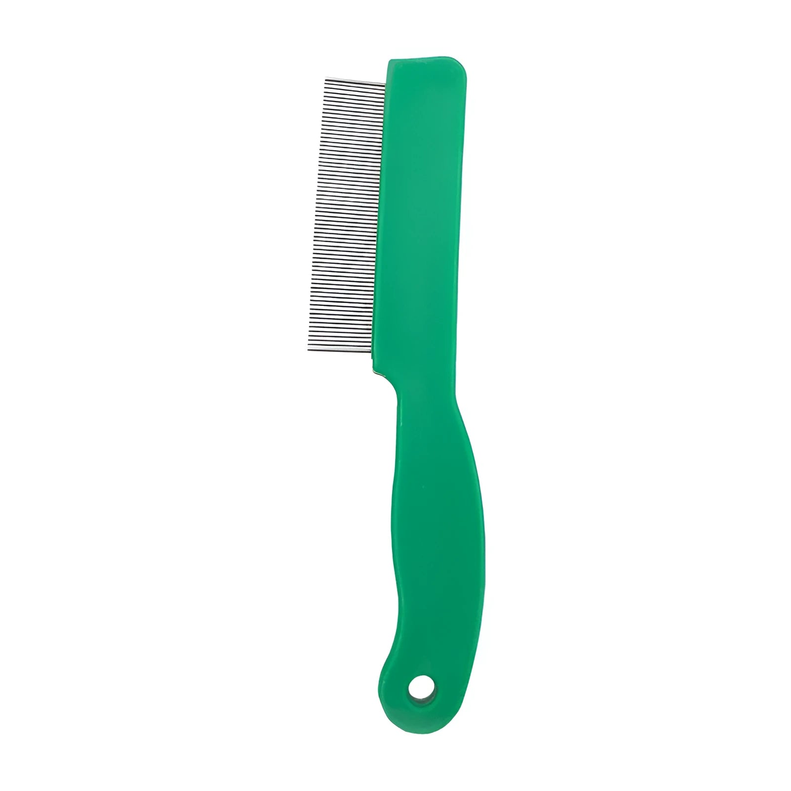Green plastic-handled flea comb with stainless steel pins for dogs and cats.