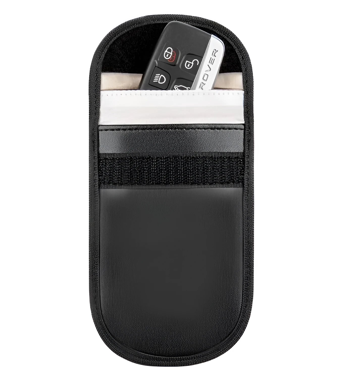 Black microfiber Faraday pouch for blocking car key and credit card signals, shown with a key fob inside.