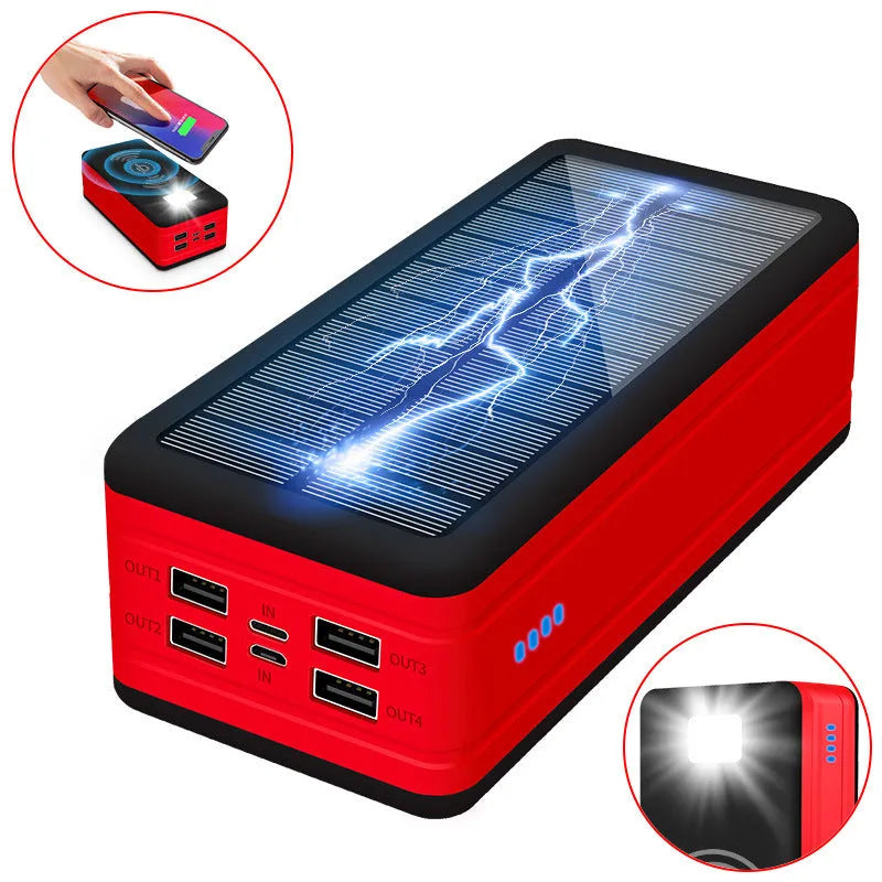 Large capacity solar wireless power bank in black with coloured accents showing solar panel and wireless charging surface