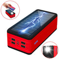 Large capacity solar wireless power bank in black with coloured accents showing solar panel and wireless charging surface