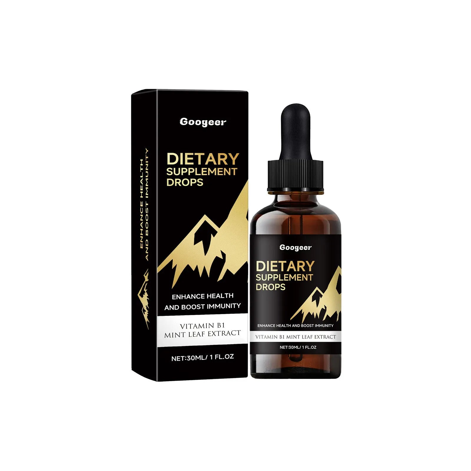 30 ml glass bottle of vitamin C and E dietary supplement drops with a dropper top.
