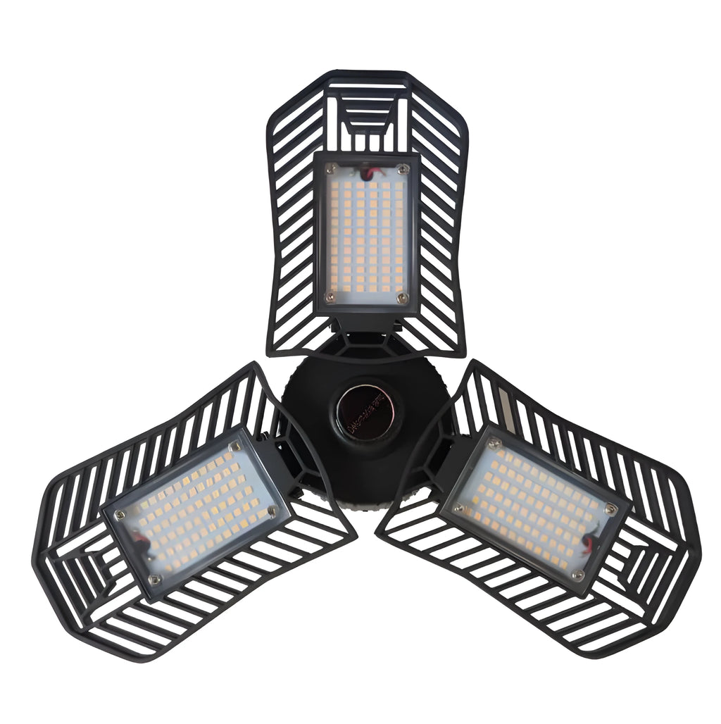 Waterproof industrial foldable garage lamp with die-cast aluminium housing and a clear polycarbonate lens.