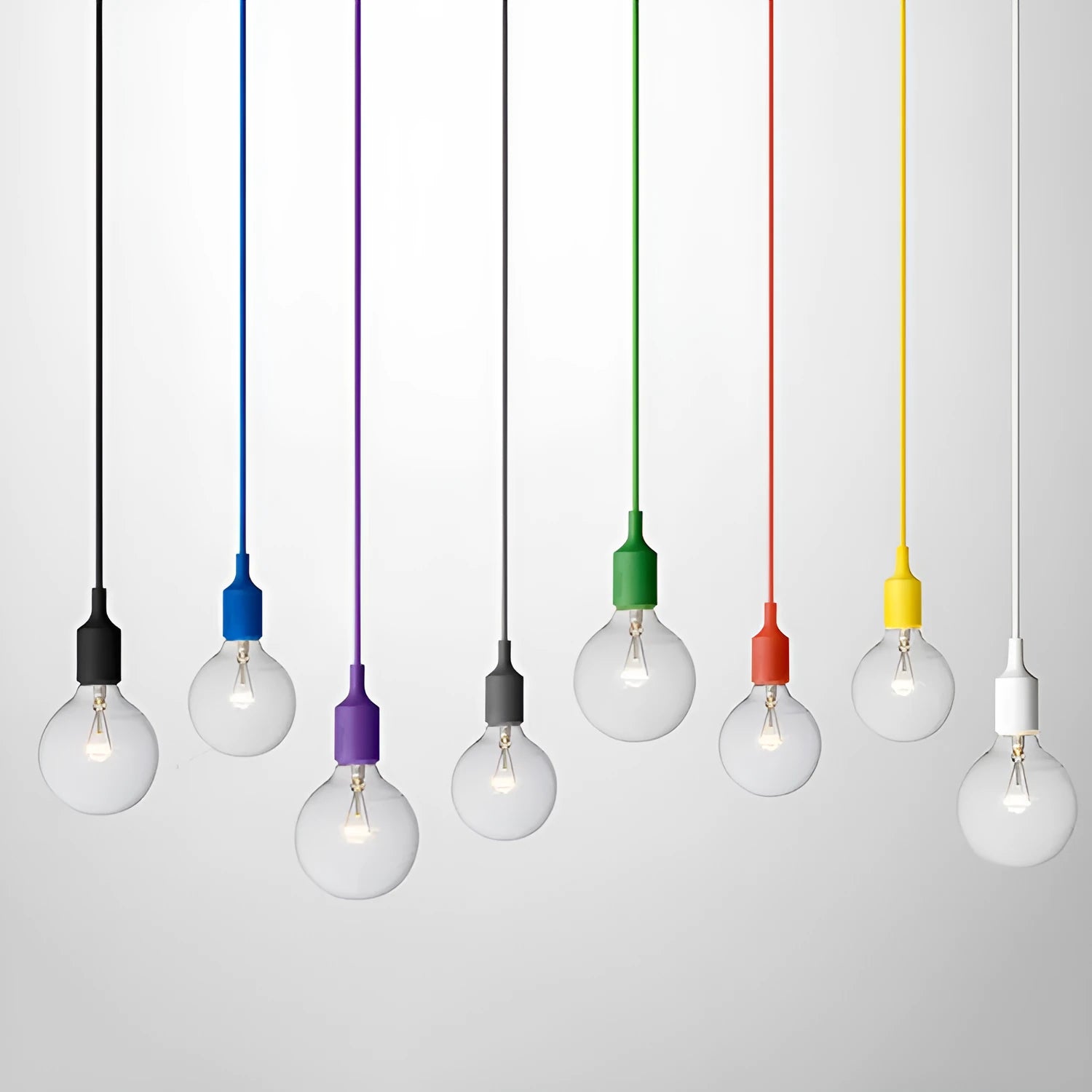 E27 E26 silicone ceiling lamp holder with cord in multiple colour options on a white background