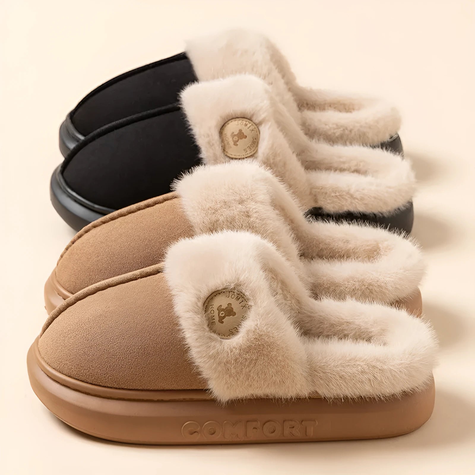Plush fleece winter slipper for indoor use with thick PVC sole, shown in multiple colours.