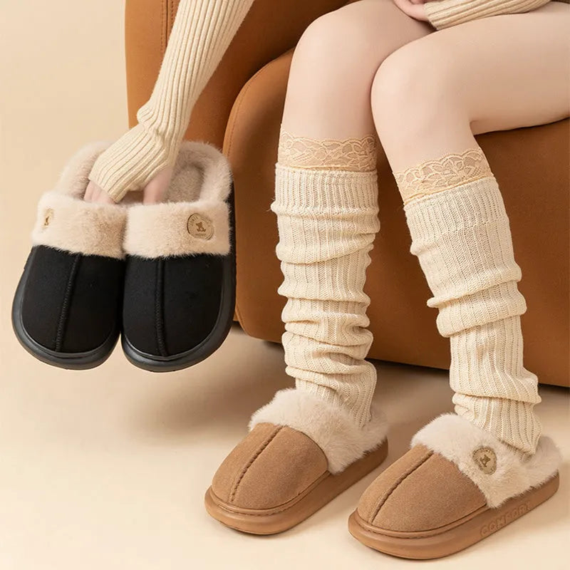 Plush fleece winter slipper for indoor use with thick PVC sole, shown in multiple colours.