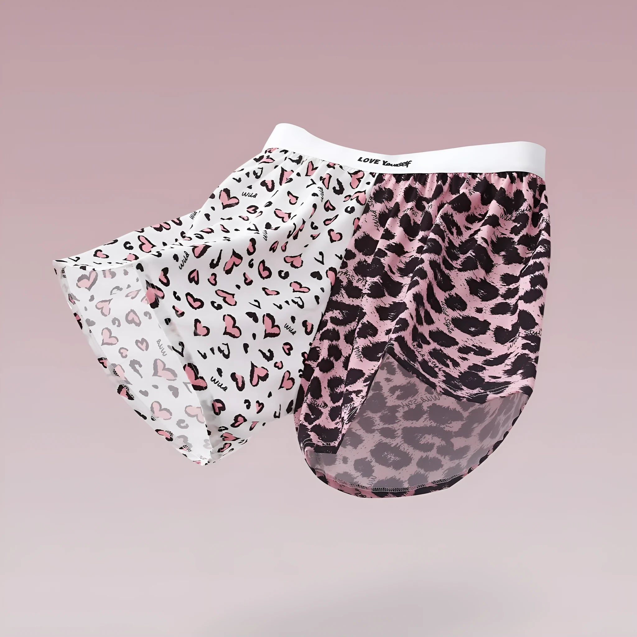 Men's leopard print woven Ice Silk boxer briefs showing loose fit design and animal pattern detail