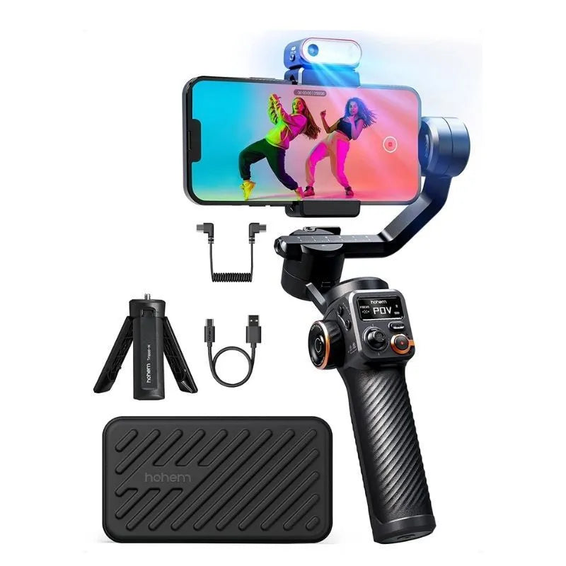 Black AI face tracking three-axis smartphone stabiliser with magnetic fill light mounted on tripod