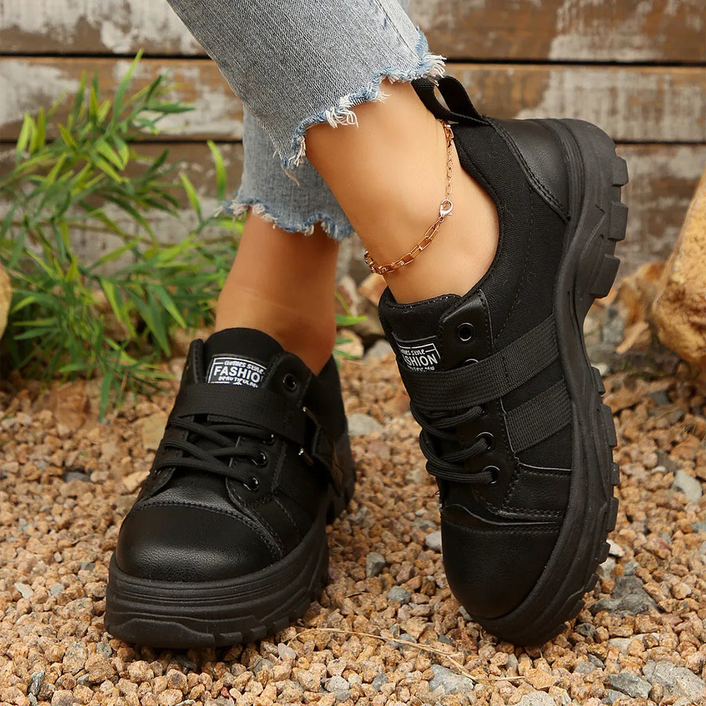 Women's lace-up canvas shoes with hook design, thick round-toe sole, artificial PU upper, available in black and cream white