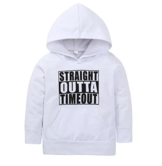 Black and white boys' hooded cotton sweater with letter pattern design and long sleeves