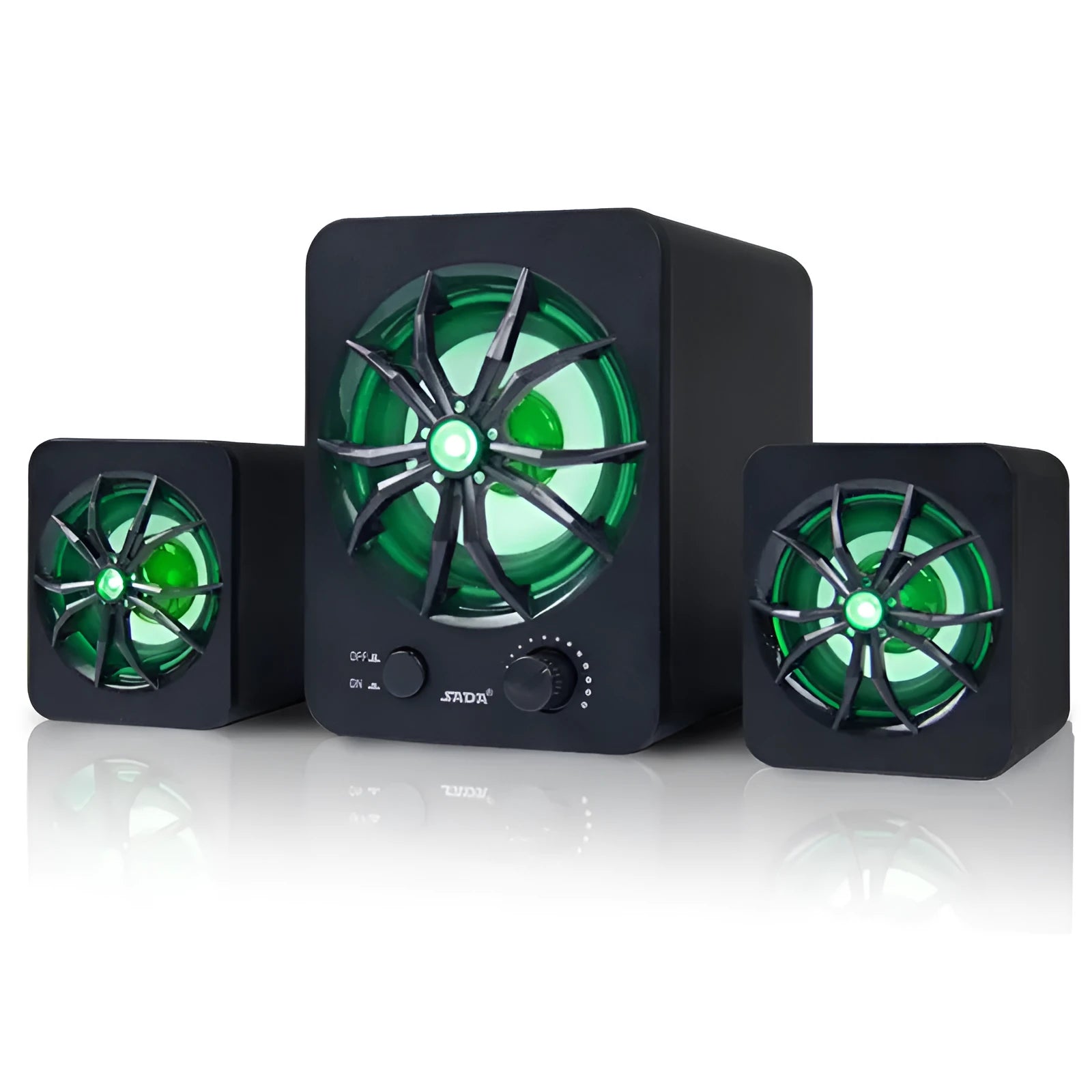 Green USB 2.1 computer speaker with colourful LED lights and 150 cm cable
