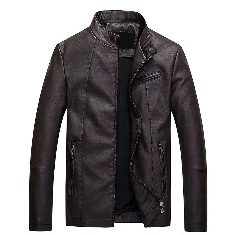 Men's PU leather jacket in claret colour with biker style design and polyester lining