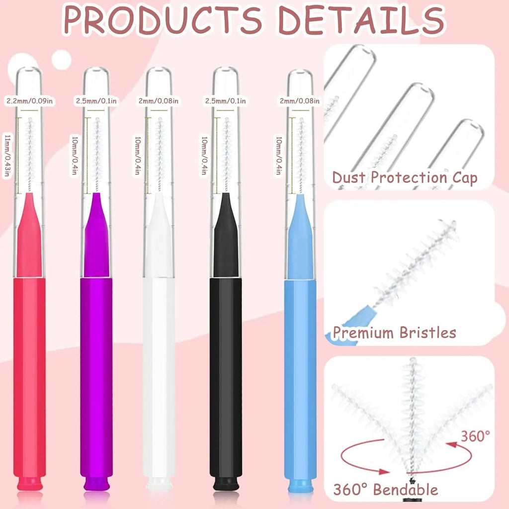 Set of micro eyebrow and lash brushes with protective caps in black, blue, purple, red, and white colours.