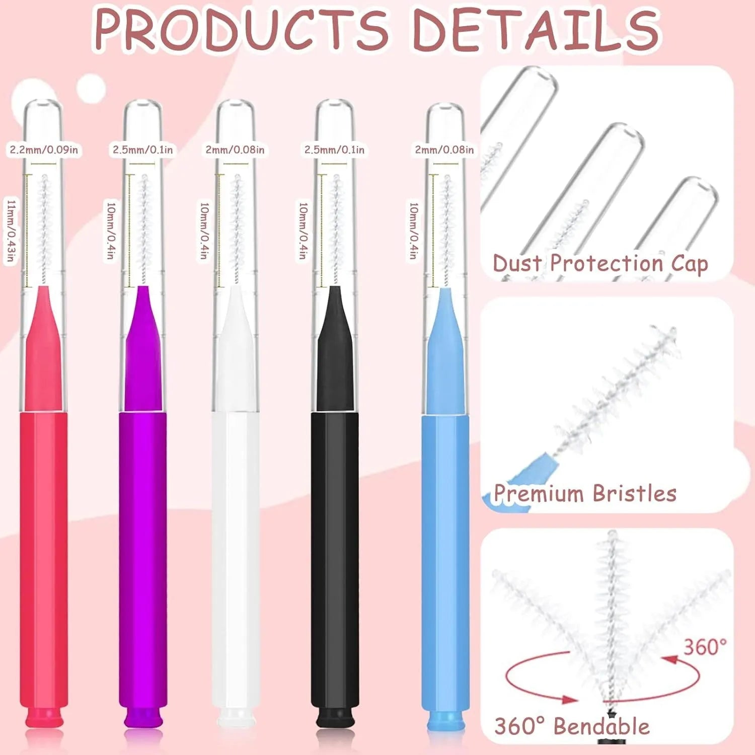 Set of micro eyebrow and lash brushes with protective caps in black, blue, purple, red, and white colours.