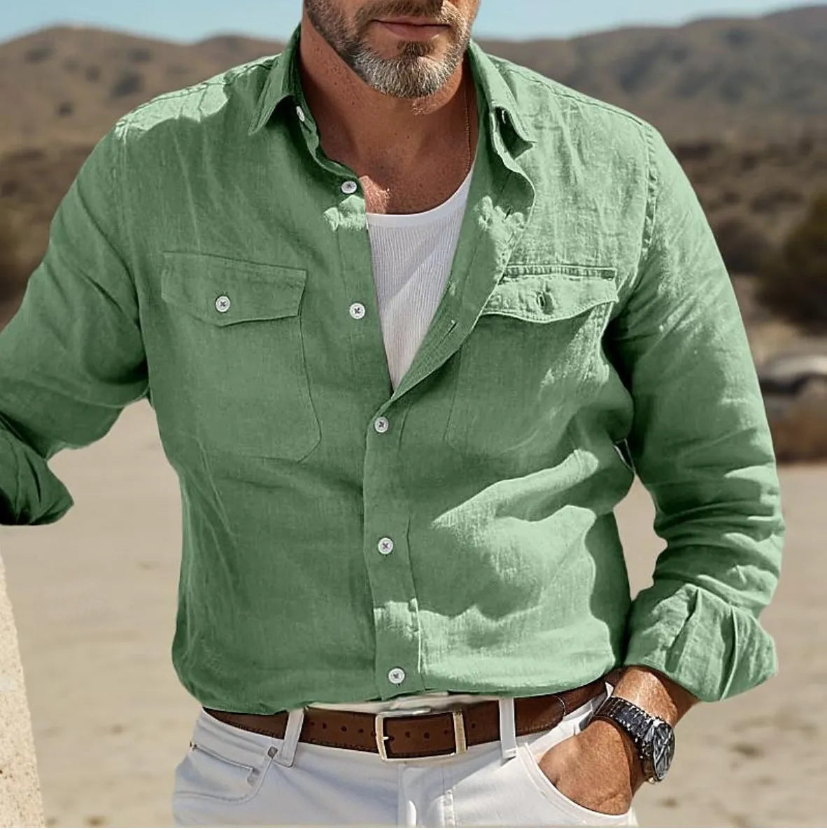 Men's long-sleeved cotton linen summer shirt in loose fit showing solid colour options
