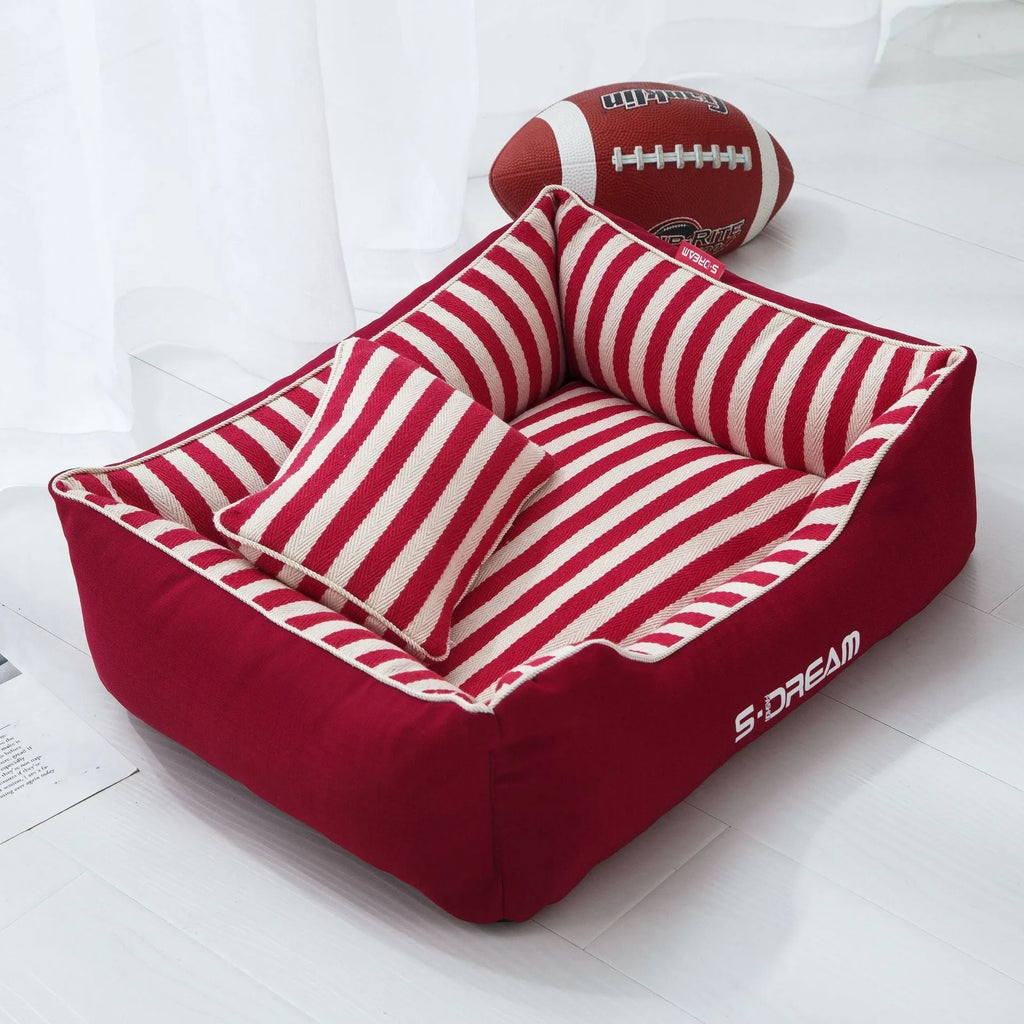 Navy stripes dog kennel mat with separate pillow in four size options
