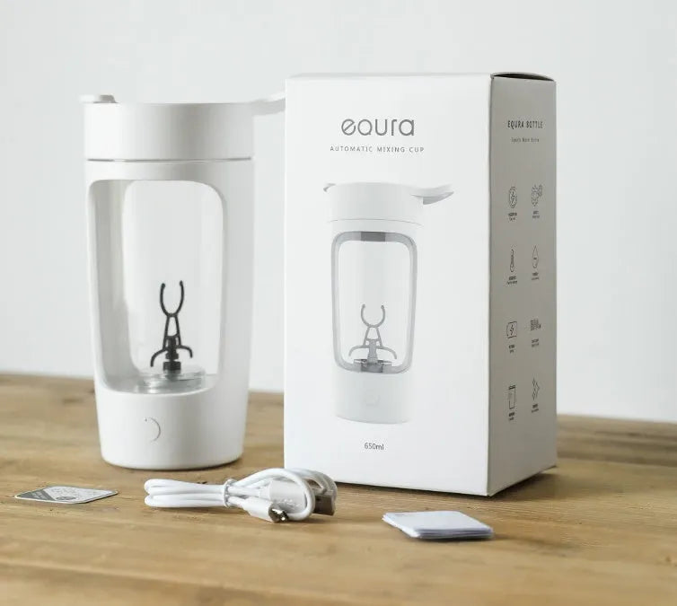 Automatic mixing cup portable juice blender in black, blue, pink, and white colours showing 650ml capacity