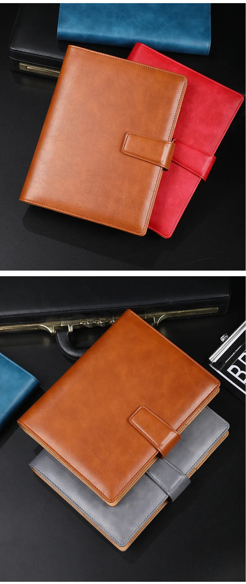 A5 hardcover PU binder notebook with metal buckle clip, shown in multiple colours.