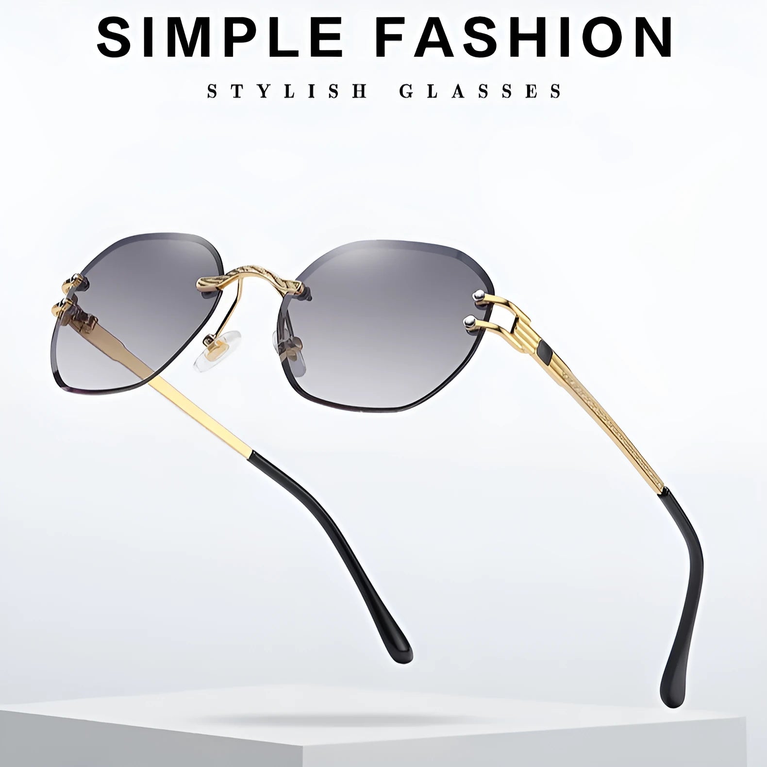Trimming sunglasses with ocean lens design showing gold mirror frames and polarised pink lenses