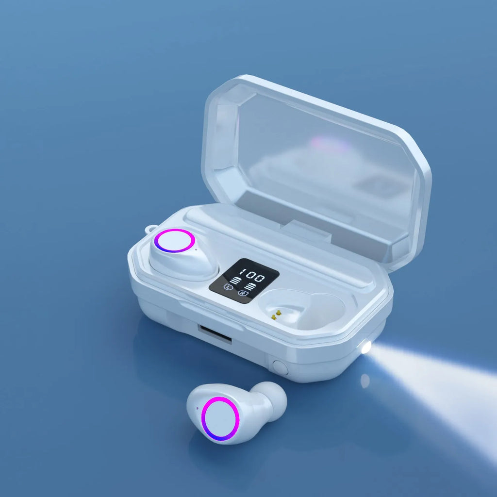 Black wireless Bluetooth headset with LED power display showing battery level