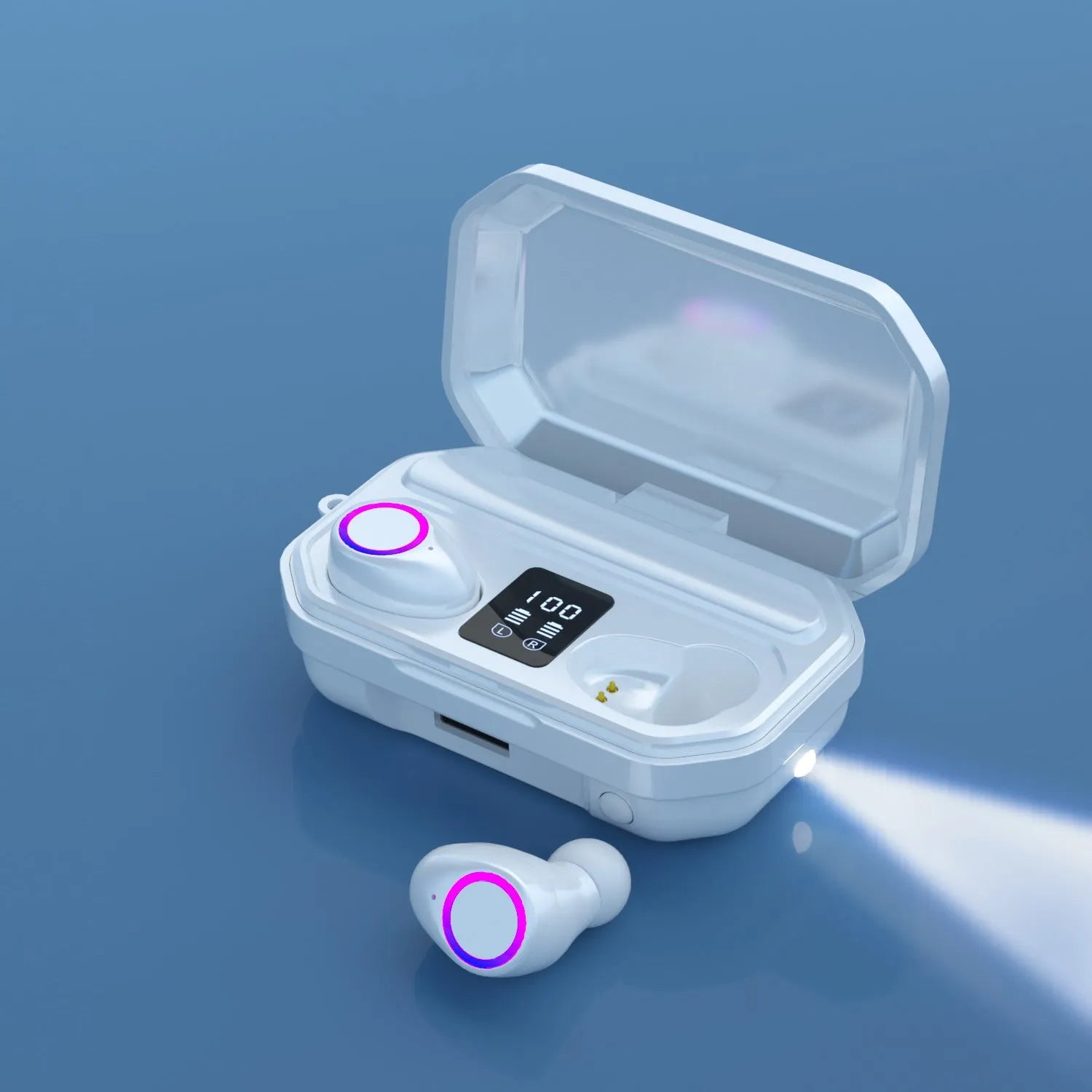 Black wireless Bluetooth headset with LED power display showing battery level