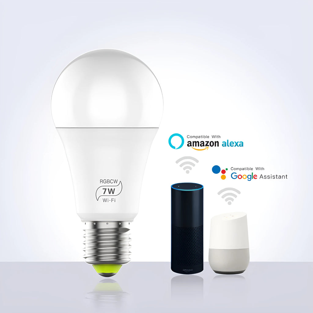 Smart WiFi LED light bulb with colour changing capabilities and voice control support