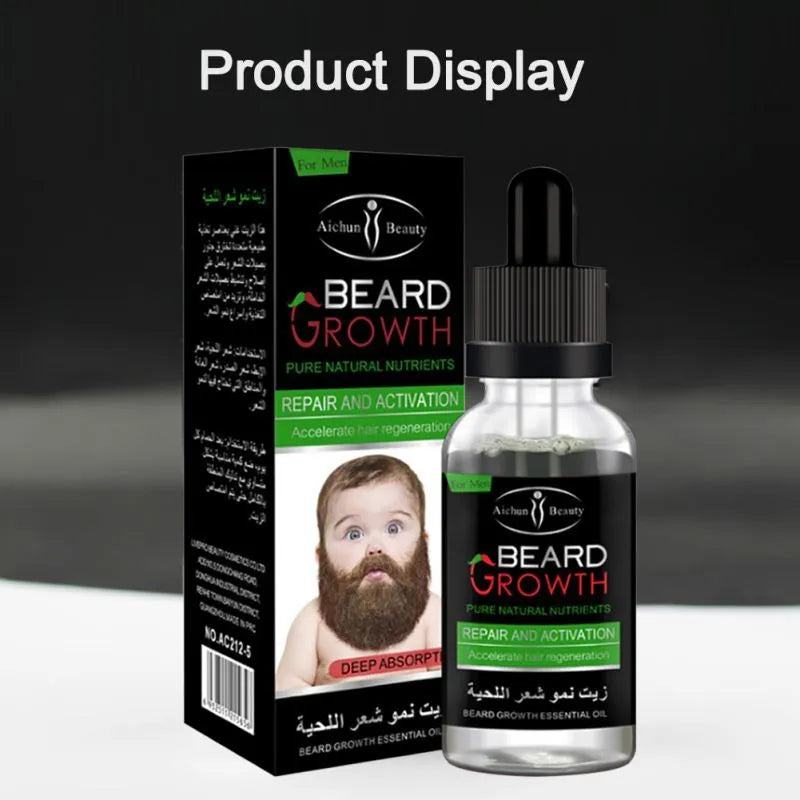Bottle of beard essential oil with natural ingredients for growth and dandruff control