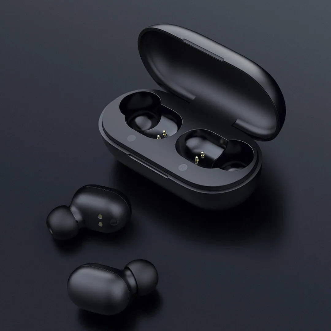 Black true wireless Bluetooth stereo earbuds with bilateral design