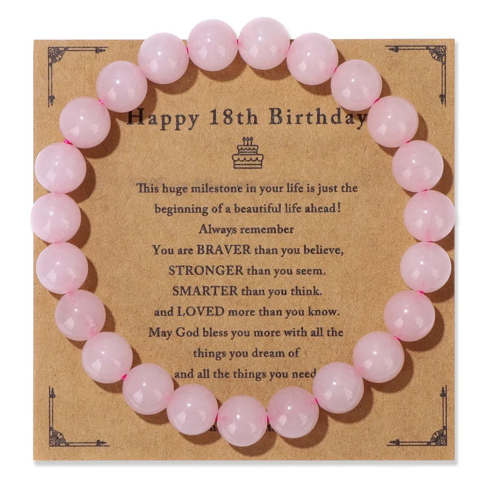 Men's natural stone bead elastic string bracelet in geometric circle style with birthday card