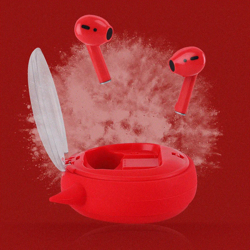 Macaron Red coloured TWS true wireless Bluetooth headset with in-ear design on white background