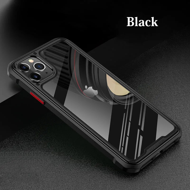 Transparent silicone phone case for iPhone 11 in various colours on a table.